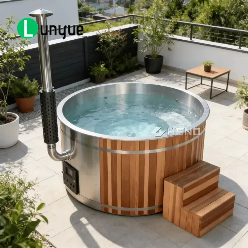 Canadian Redwood Log Burning Hot Tub Outdoor Spa Bath Wood Fired Hydrotherapy for Garden Backyard Natural Heating