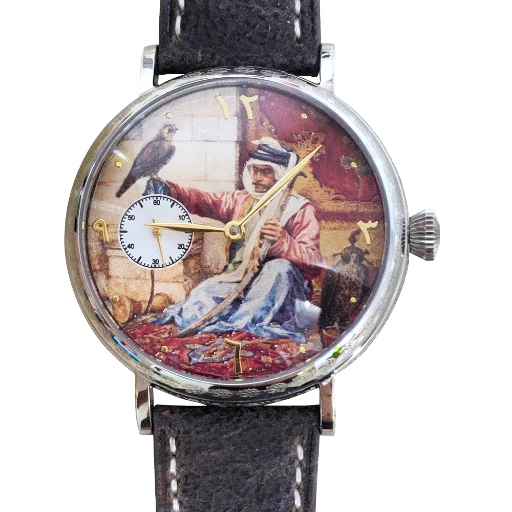 Mechanical Watch in Arabic Style Stainless Steel Watch Case Manual Chain Adjustment Large Case 45mm Camel Leather Strap