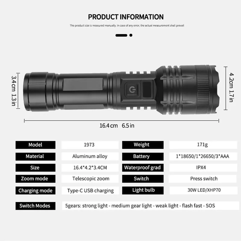 Super bright condenser flashlight, rechargeable 30W white laser, strong light digital, display flashlight
