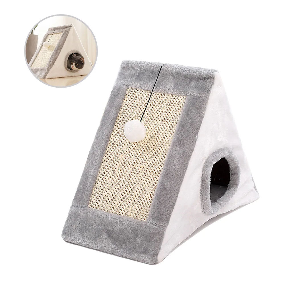 Кровать для кошачьего пещеры, серая мягкая треугольная кровать для котенка, когтеточка премиум-класса, двухсторонняя доска из сизаля, угловые рампы для царапин