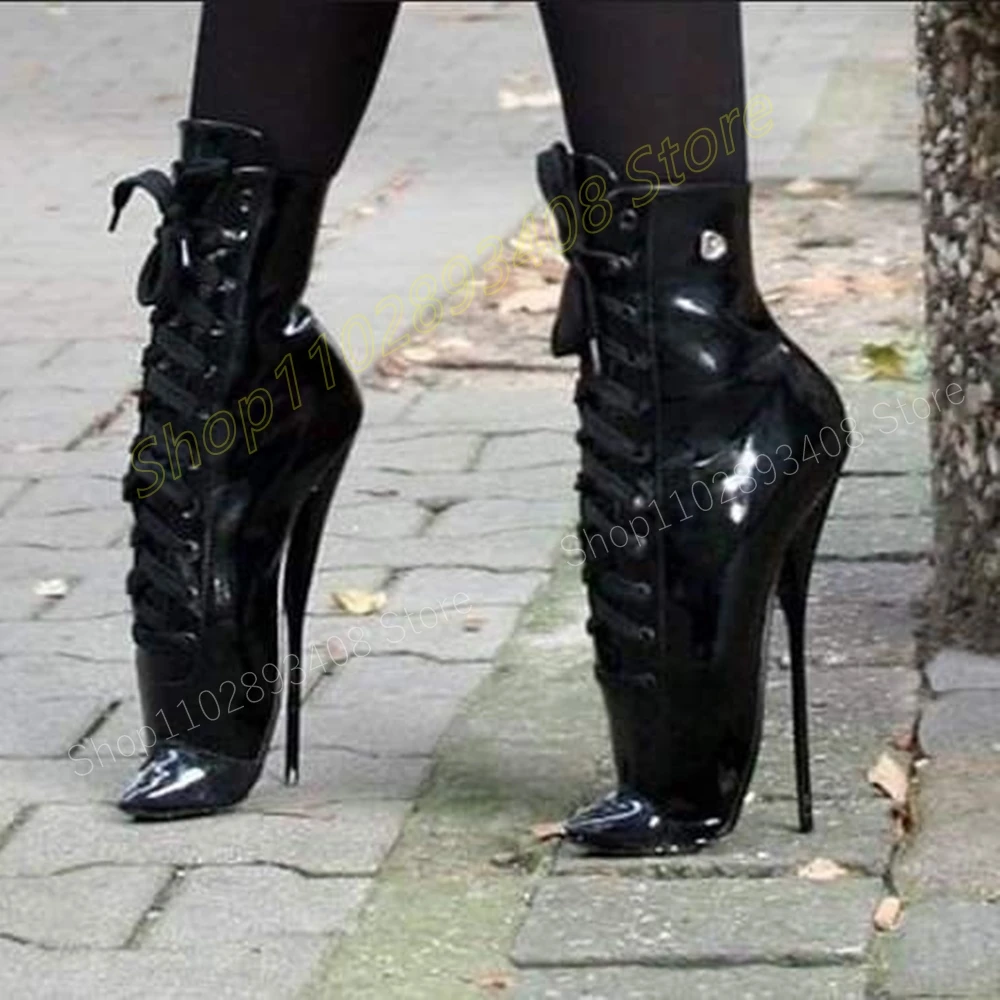 

Black Lock Cross Tied Patent Leather Ankle Boots Pointed Toe Stiletto High Heel Patent Sexy Women Shoes 2024 Zapatos Para Mujere