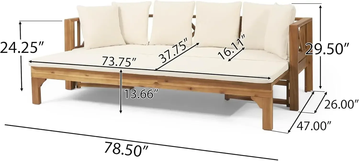 Rozkładana sofa rozkładana Varney Outdoor z drewna akacjowego, 78,5 "szer. x 26" gł. x 24,25" wys., тик + beż