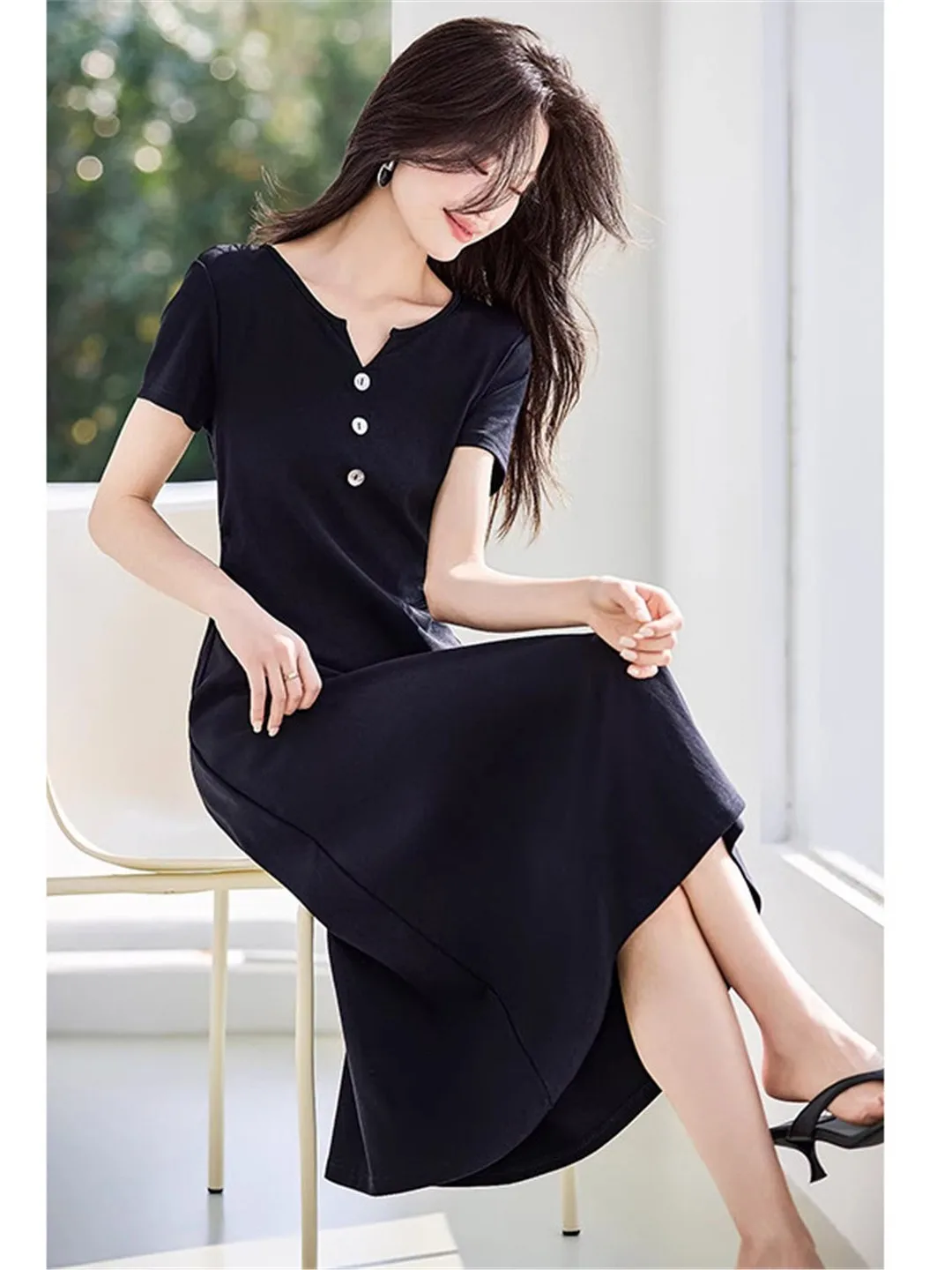 Versatile Outlet Store Little Black Dress Slimming V-Neck Anti-Balloning Midi-Length Dress High Waist A-Line Skirt Polyester ...