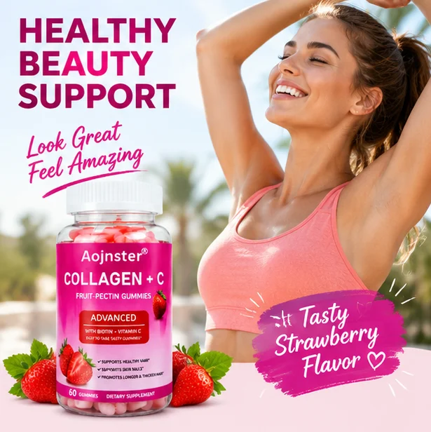 Collagen Plus C Fruit-Pectin Gummies with Biotin & Vitamin C,Tasty Strawberry Flavor,Skin & Nails,Adult Daily Dietary Supplement