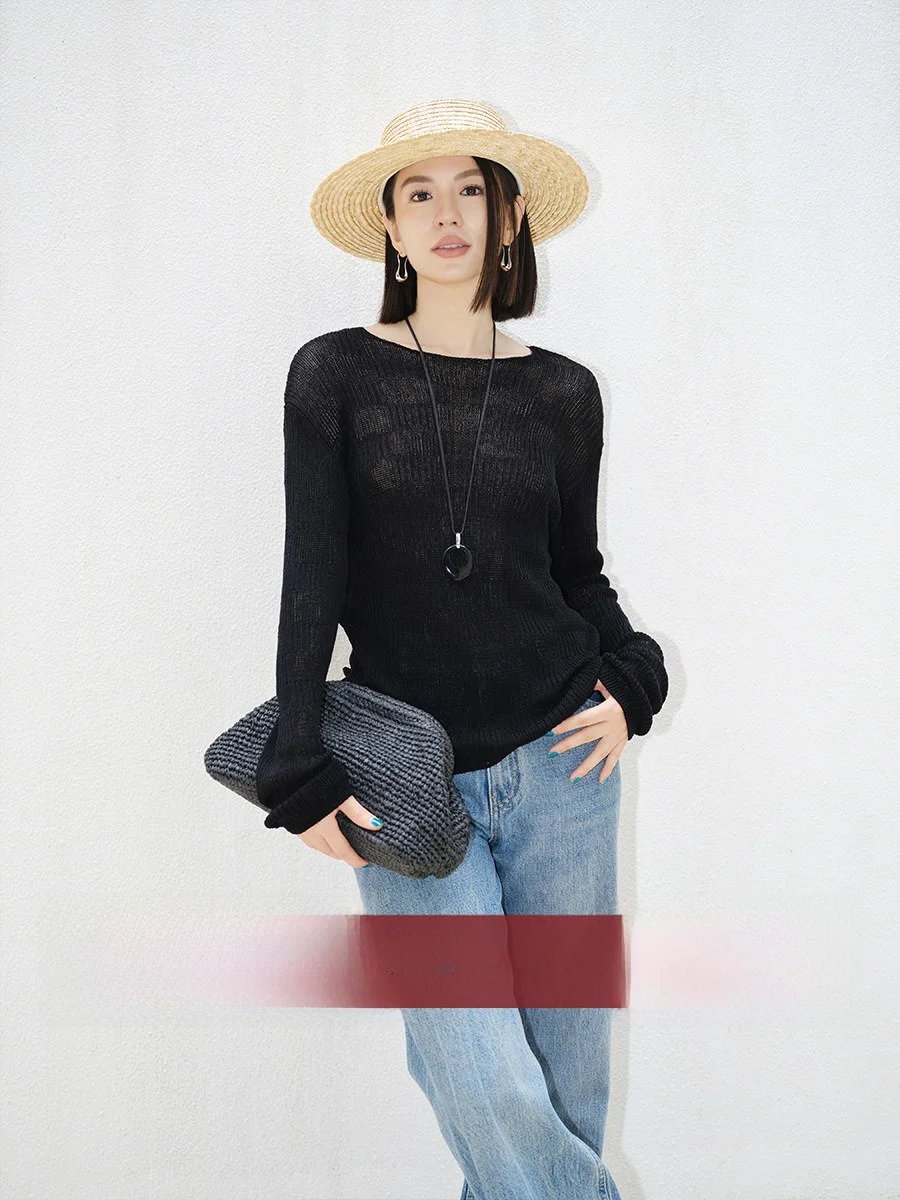 

Удобный трикотажный топ из микрольна и хлопка Amyy Studios с геометрическим узором, свободного кроя, с длинными рукавами и круглым вырезом, летний пуловер