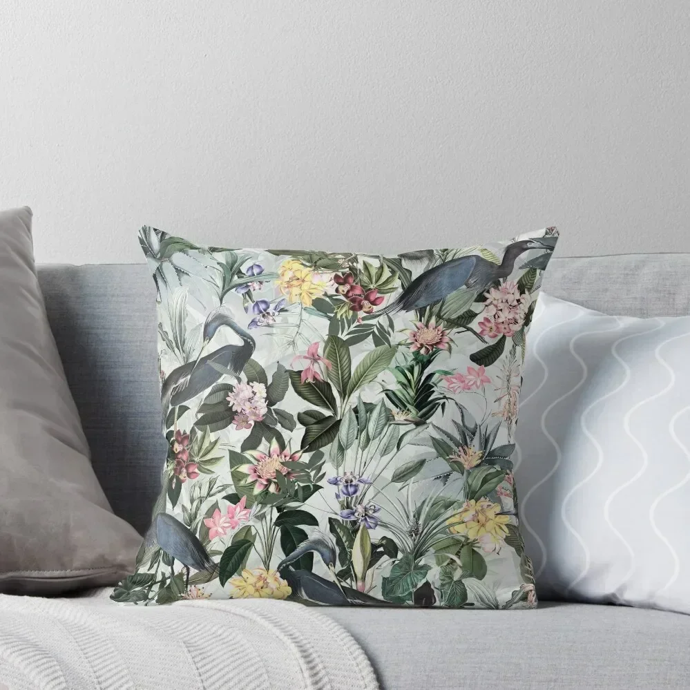 

Vintage Pattern - Blue heron and tropical flowers Botanical Garden - gray Throw Pillow Pillowcase Cushion pillow