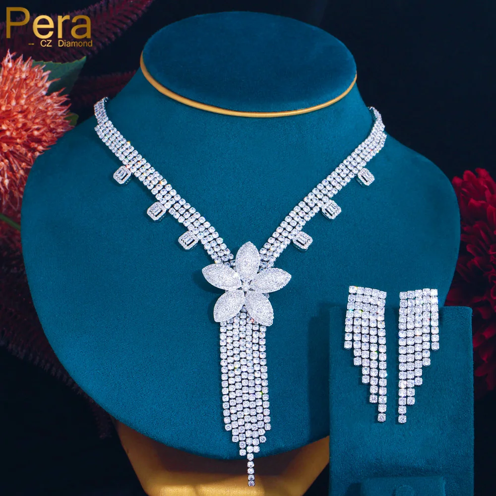 Pera Gorgeous Shiny CZ Big Flower Long Tassel Necklace Earrings Sets for Women 2023 New Fashion Nigerian Party Jewelry Gift J414