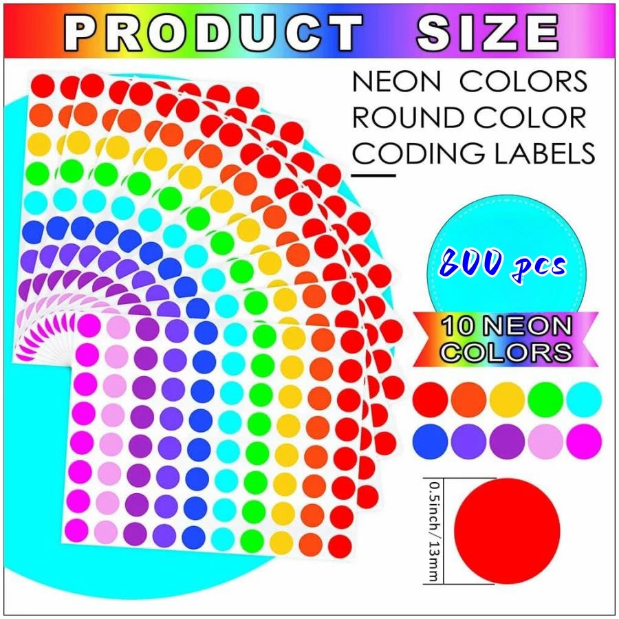 800 Pieces of 1/2 Inch Round Color Coded Label Dot Stickers, 10 Colors for Home Office Classroom