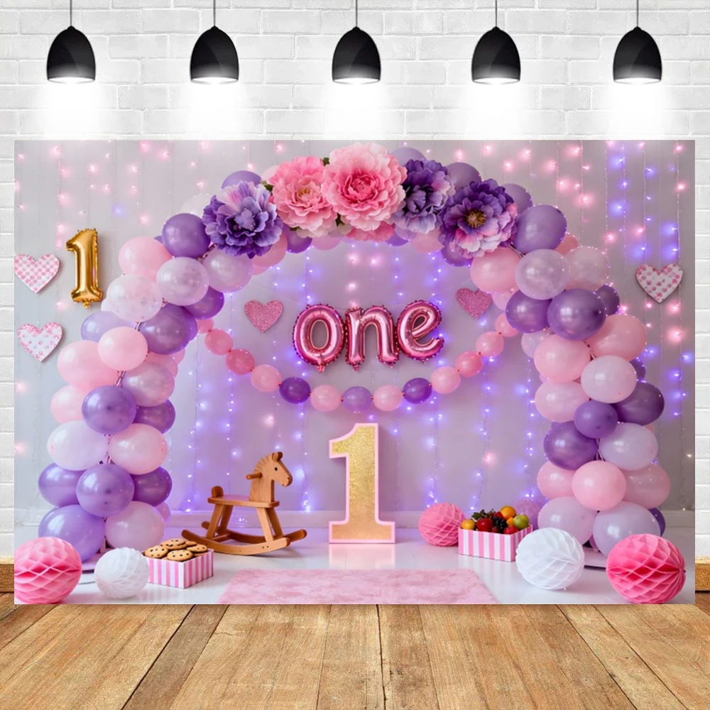 Newborn 1st Birthday Photography Backdrop Purple Balloons Arch Flowers Baby Shower Cake Smashing Girls Portrait Photo Background