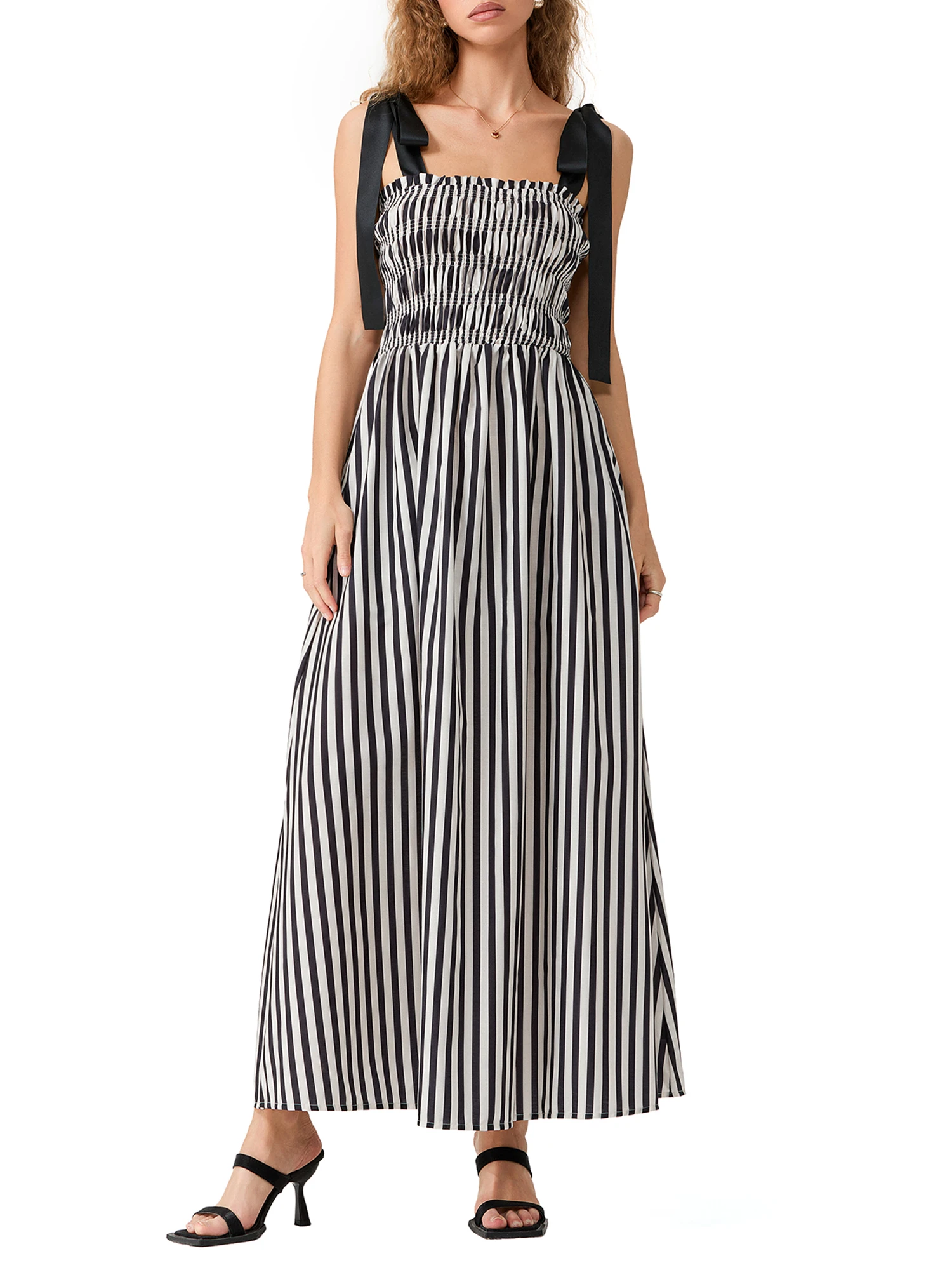 Abito da donna con stampa a righe, cravatta, cinturino per spaghetti, dettaglio arricciato, abito lungo fluido senza schienale con tasche