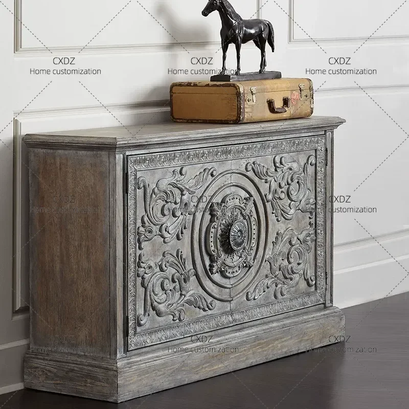 Rural Solid Wood Relief Dining Side Cabinet Antique Weathered Gray Retro Entryway Storage High End Customized Wine Cabinet