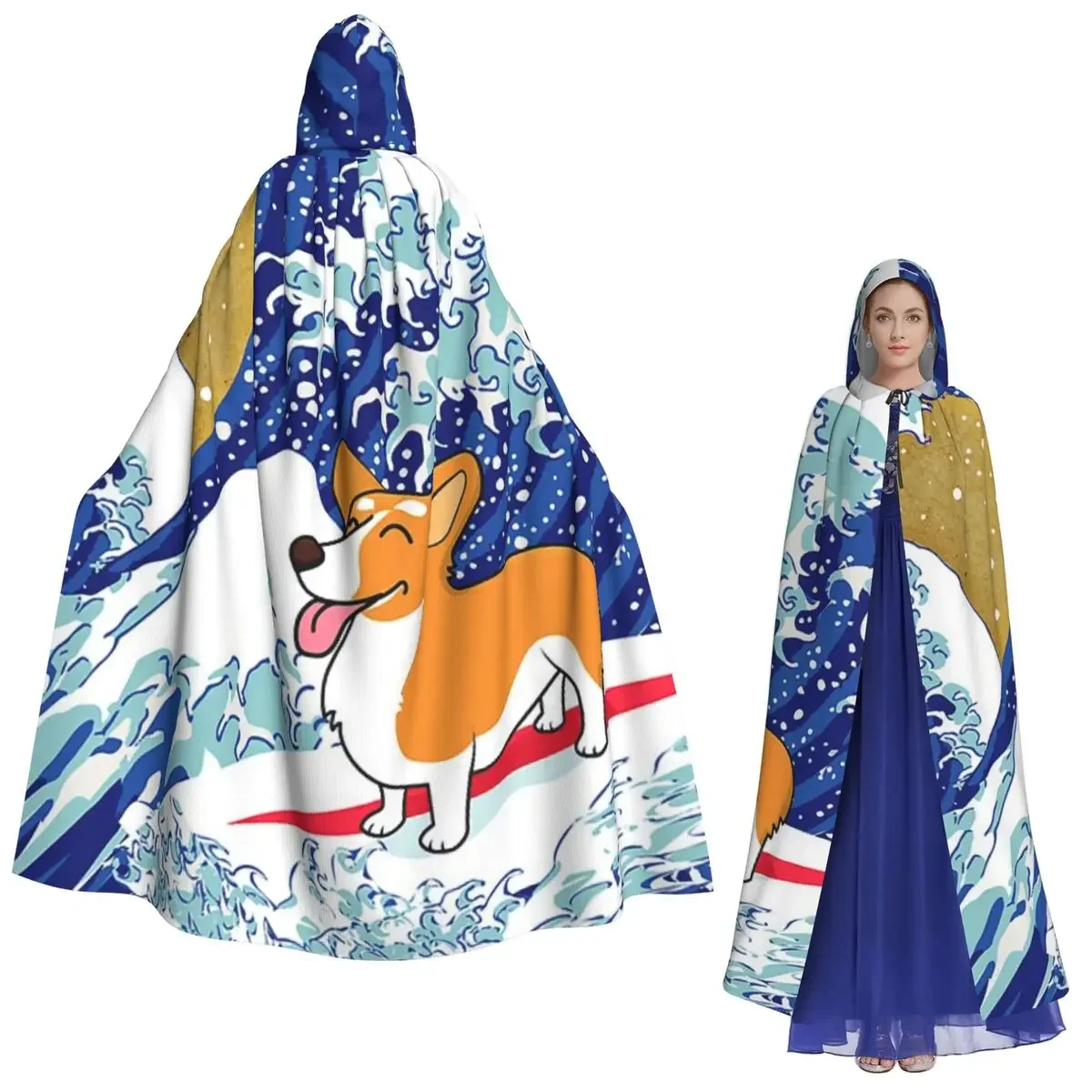 Custom Corgi Dog Surfing The Great Wave Long Hooded Cloak Witch Medieval Costume Cosplay Cape HalloweenVampire Adult Unisex
