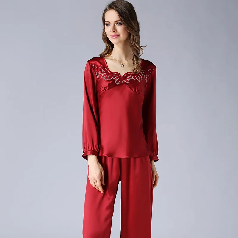 

Long Sleeve High Quality Real Silk Pajamas Women's Spring Fall Home Wear Two-Piece Suit