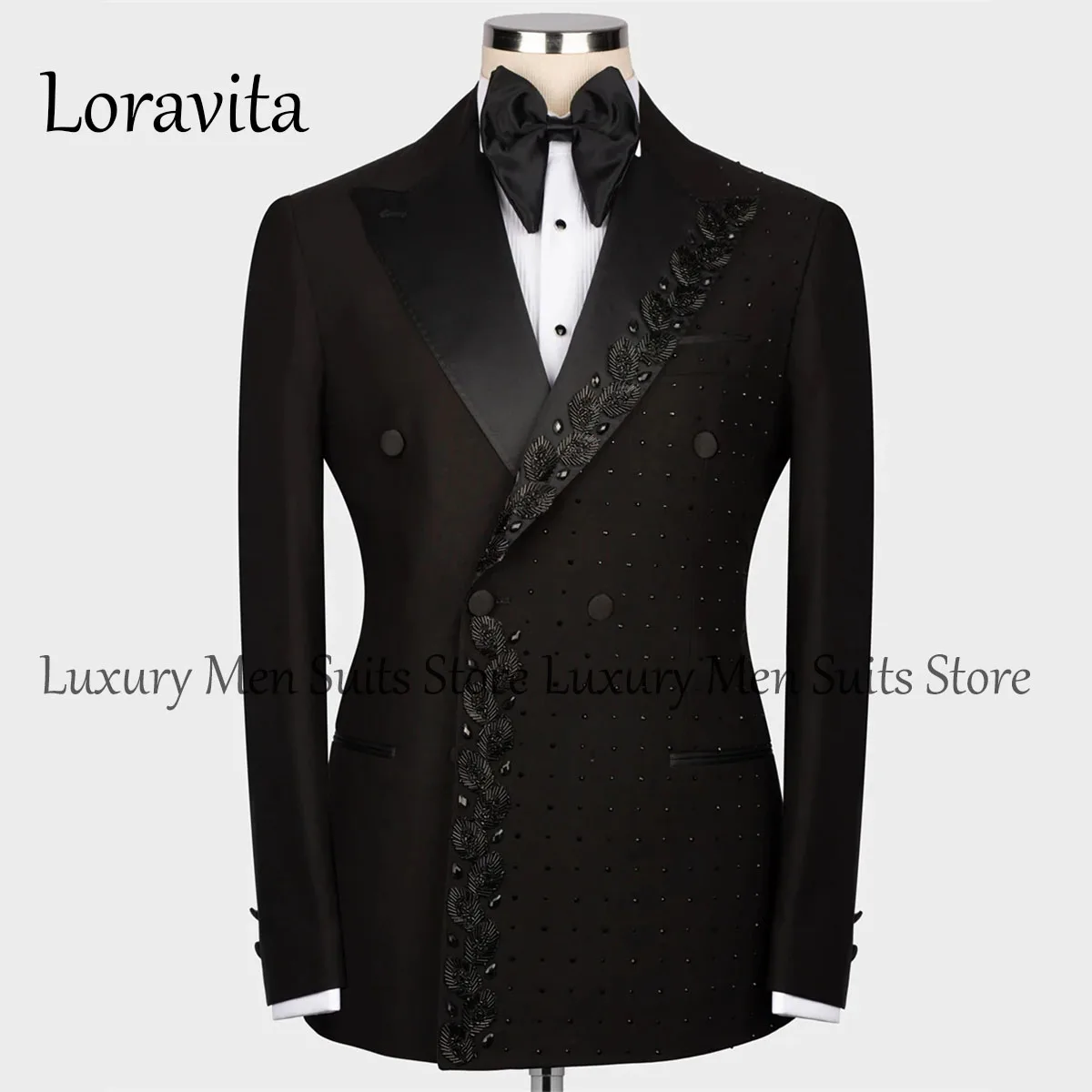 

Formal Crystal Applique Men Suits Peaked Lapel Groom Tuxedos Wedding Prom Slim Fit Blazers Pants Outfit Terno Masculino Completo