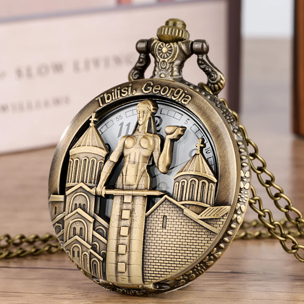 Retro Tbilisi Georgia Hollow Design Quartz Pocket Watch Bronze Necklace Timepiece Pendant Fob Clock with 80cm/38cm Hook Chain