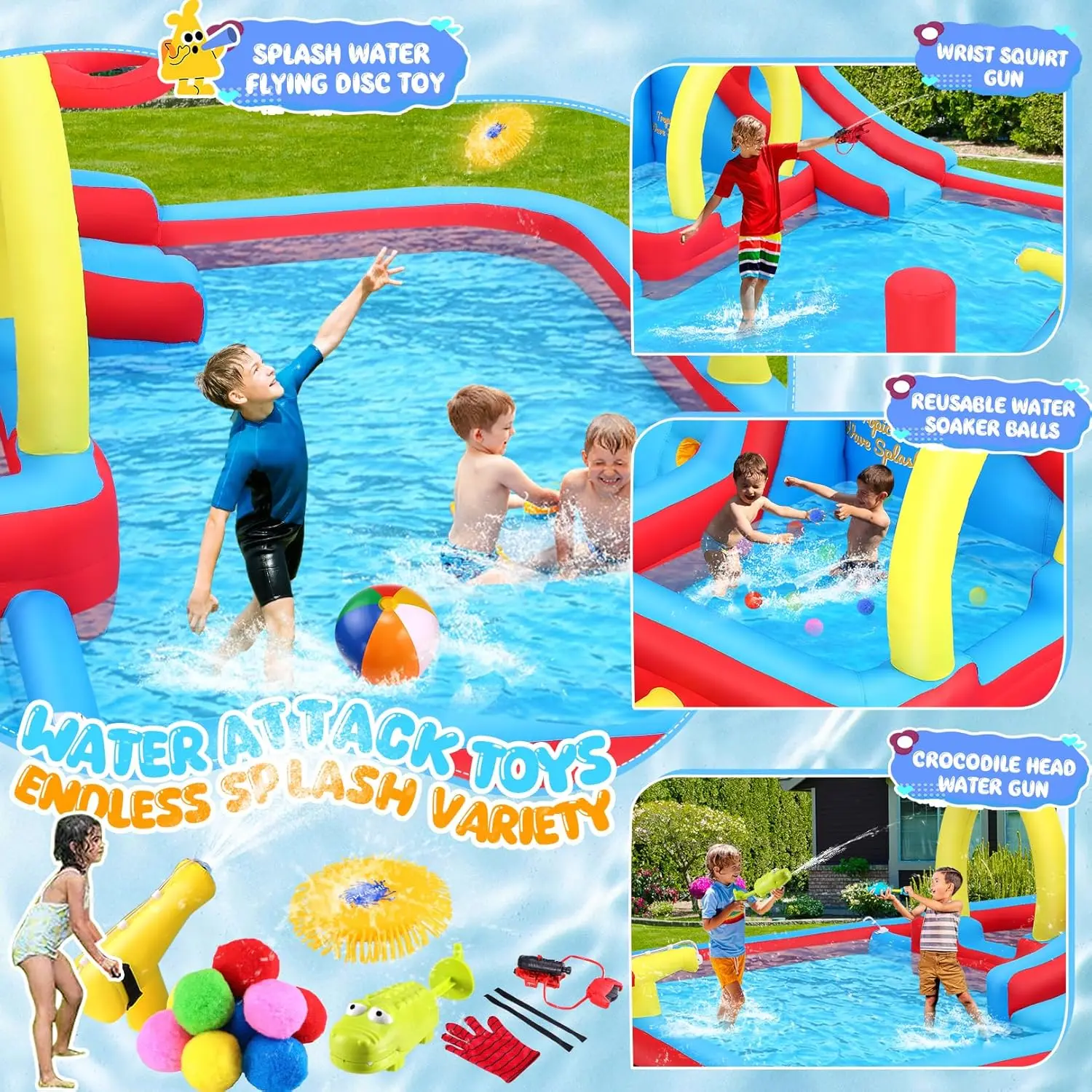 Nadmuchiwana zjeżdżalnia wodna tor przeszkód dla dzieci na podwórku wysadzany Park wodny z 3 interaktywnymi przeszkodami w wodzie, głęboki basen ze Spri