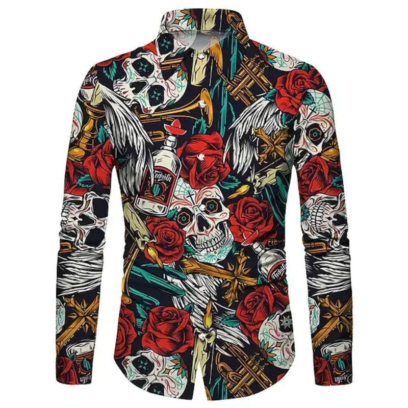 New 2024 Fashion 3D Printing Floral Skull Rose Pattern Men\'s Casual Comfortable Shirt Party Prom Colel Long Sleeve Blazer Shirt
