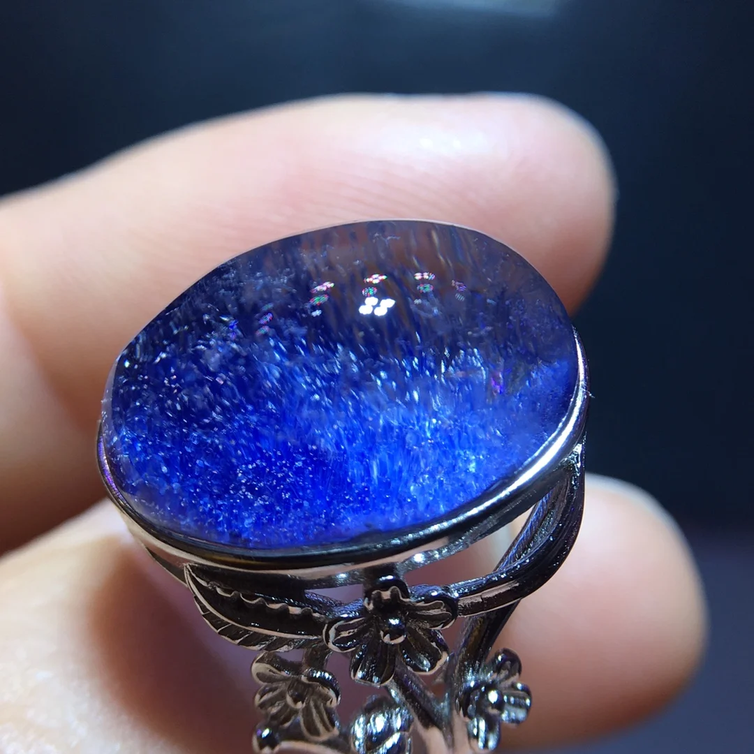 

Natural Blue Rutilated Dumortierite Quartz Adjustable Ring 16.5/11.3mm Size Woman Men Ring Jewelry AAAAAAA