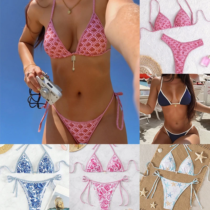 

Women Triangle Tie Bikini Set Boho Geometric Star Print Halter Two Piece High Cut Swimsuit Beach Pool Spa Vacation Swimwear