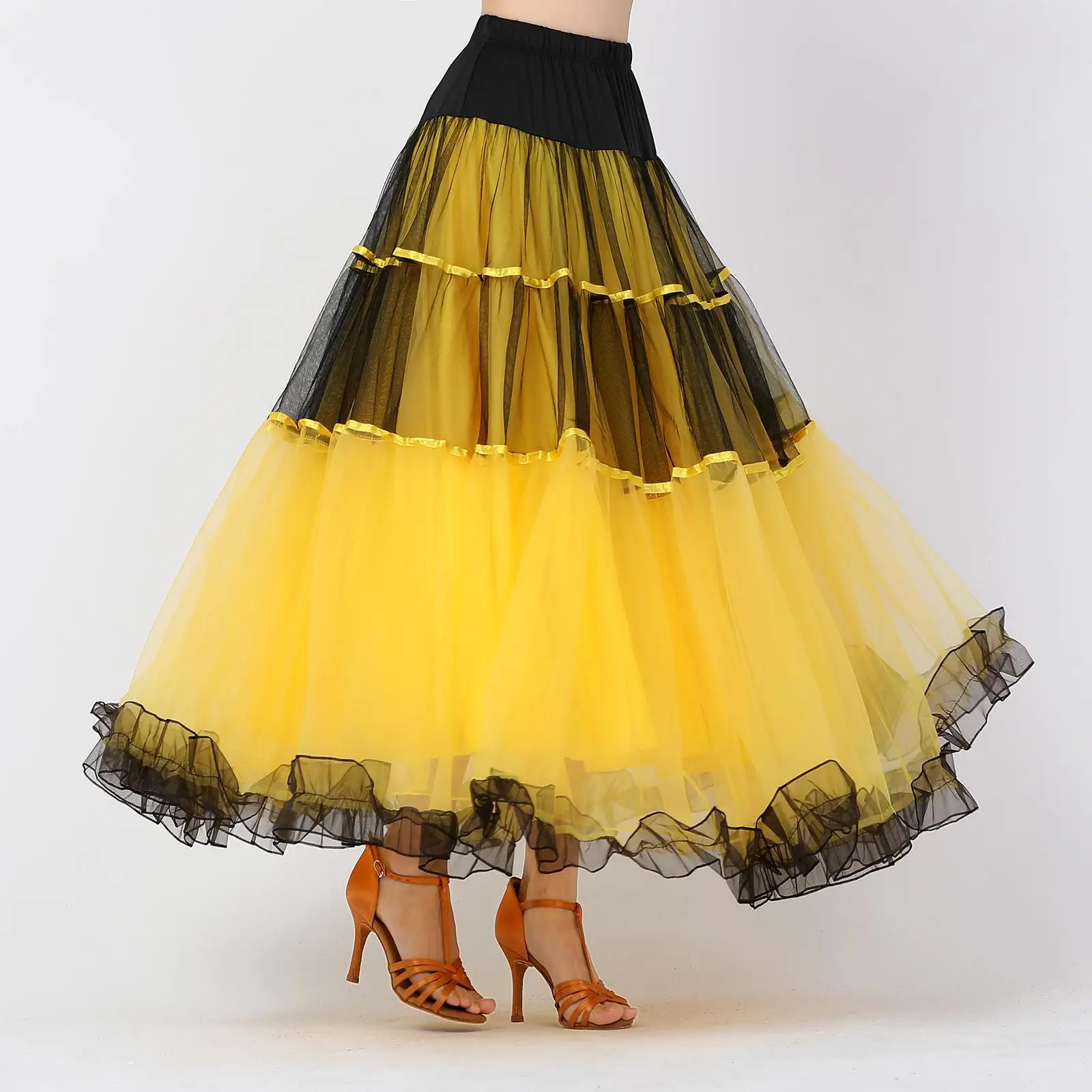 

Ballroom Dance Skirt Ladies Long Swing Tiered Skirts Dancewear Layered Dress