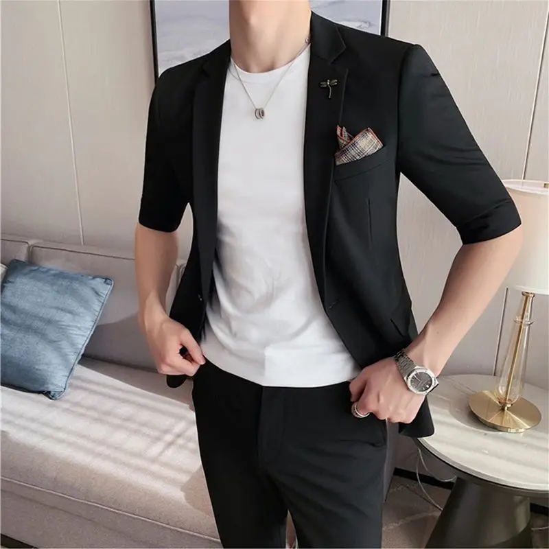 Costume fin à manches mi-longues pour hommes, veste d'affaires décontractée, coupe couvertes, haut de gamme, beau, tendance, été, 4-A41