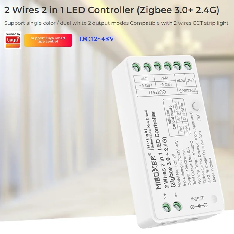 

2 in 1 LED Controller Zigbee 3.0+2.4G Dimmer Support Brightness CCT Mode Compatible DC 12V 24V 48V 2 wire COB led strip lights