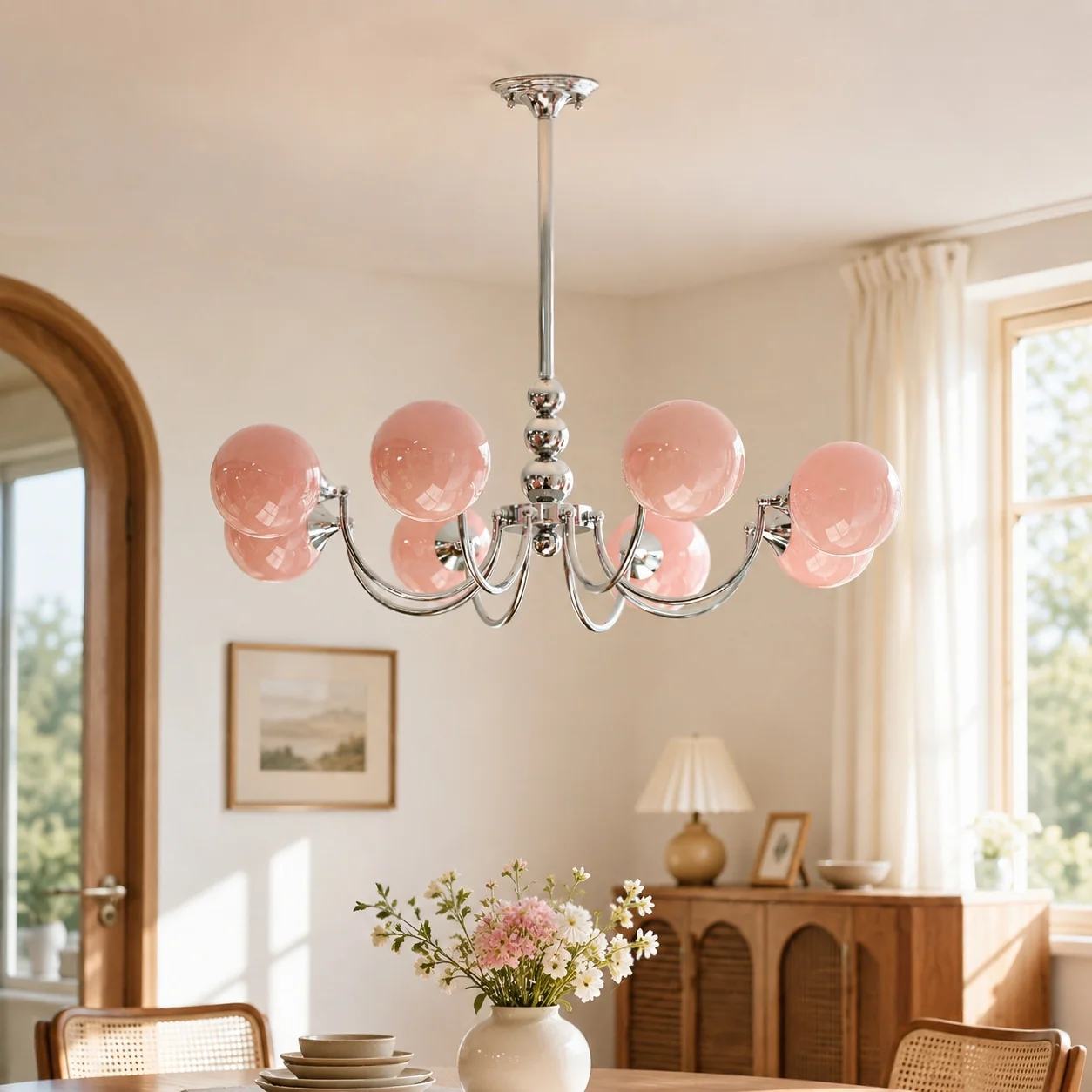Modern Pink Glass Chandelier 5/8Light Farmhouse Chandelier for Dining Room Industrial Dining Kitchen Light Fixture Over Table