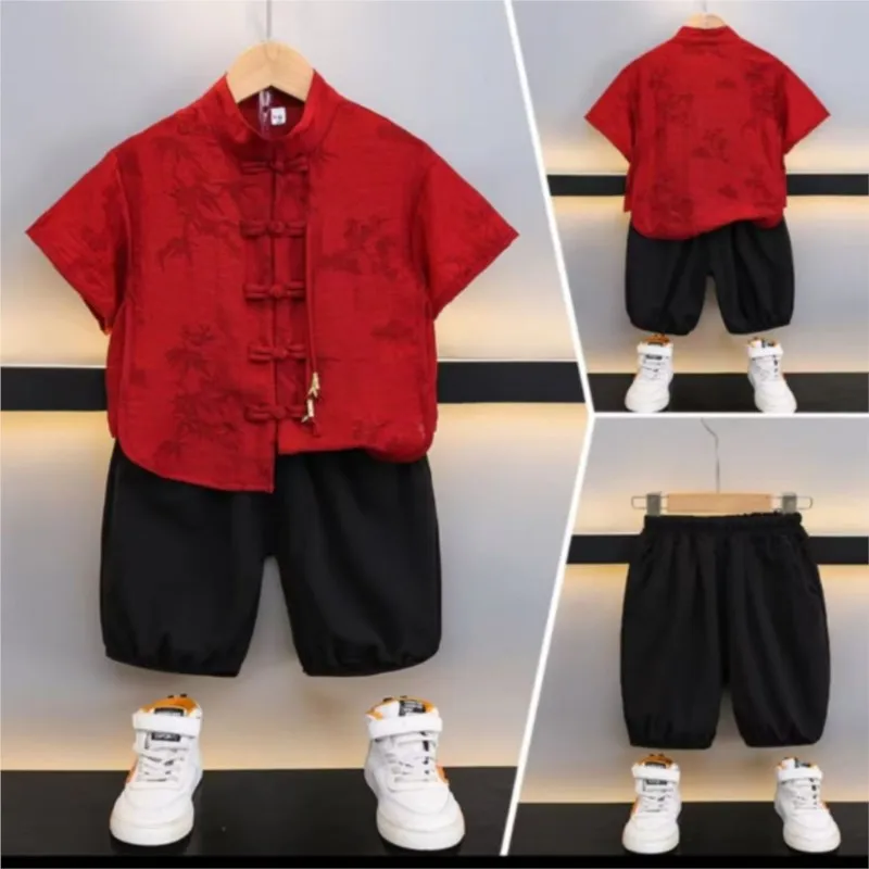 Boys' Summer 2026 New Chinese Buckle Shirt Children's Short Sleeved Shirt Pants 2-piece Set Kids' Trendy Clothing Set LJ707