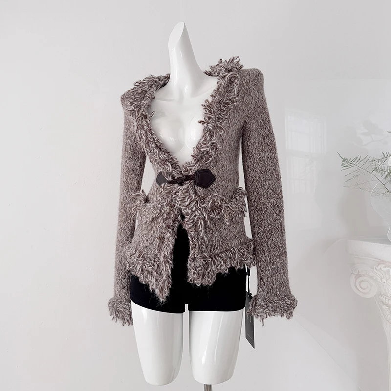 Vintage Fashion Knitted Cardigans Sweater Women Autumn Winter V-neck Long Sleeve Jacket Coat Horn Toggle Button Sweaters Female