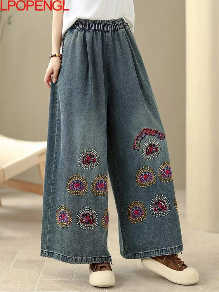 

2026 Summer Women's Artistic Retro Ethnic Style Embroidered Washed Denim Wide Leg Pants Fashion Temperament Straight Loose Jeans