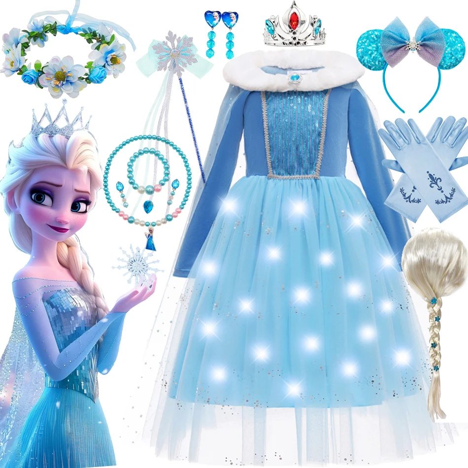 Girls Cosplay Costume Frozen Elsa Dress with Cloak Halloween LED Light Up Girls Snow Queen Birthday Elegant Party Clothes 2-10Y