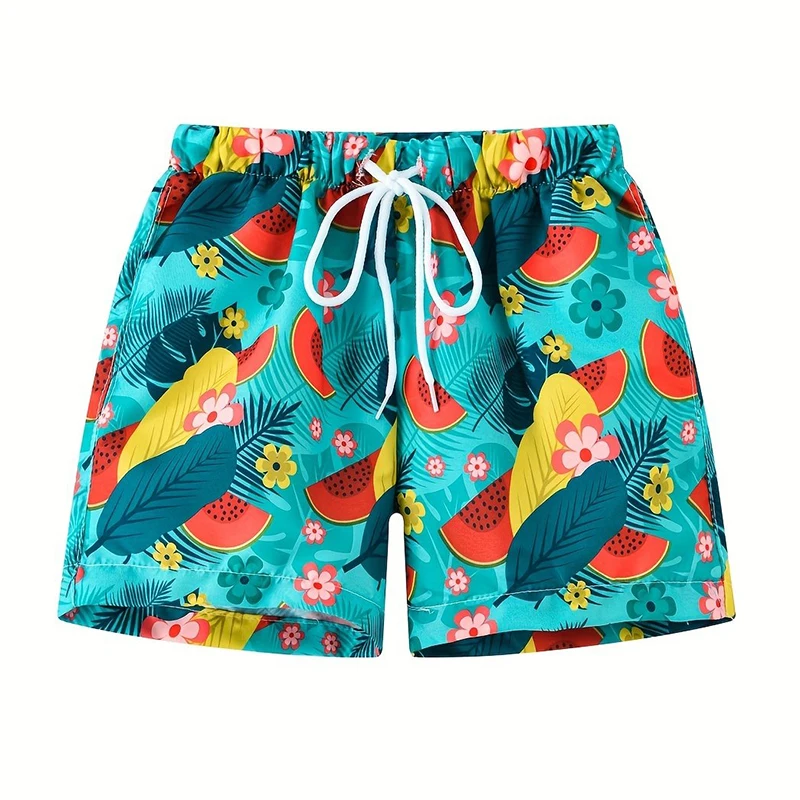 2024 Flower Leaves 3D Print Boys Swim Trunks Elastic Waist Drawstring Beach Pants Boy Swim Shorts Vacation Summer Kids Clothes