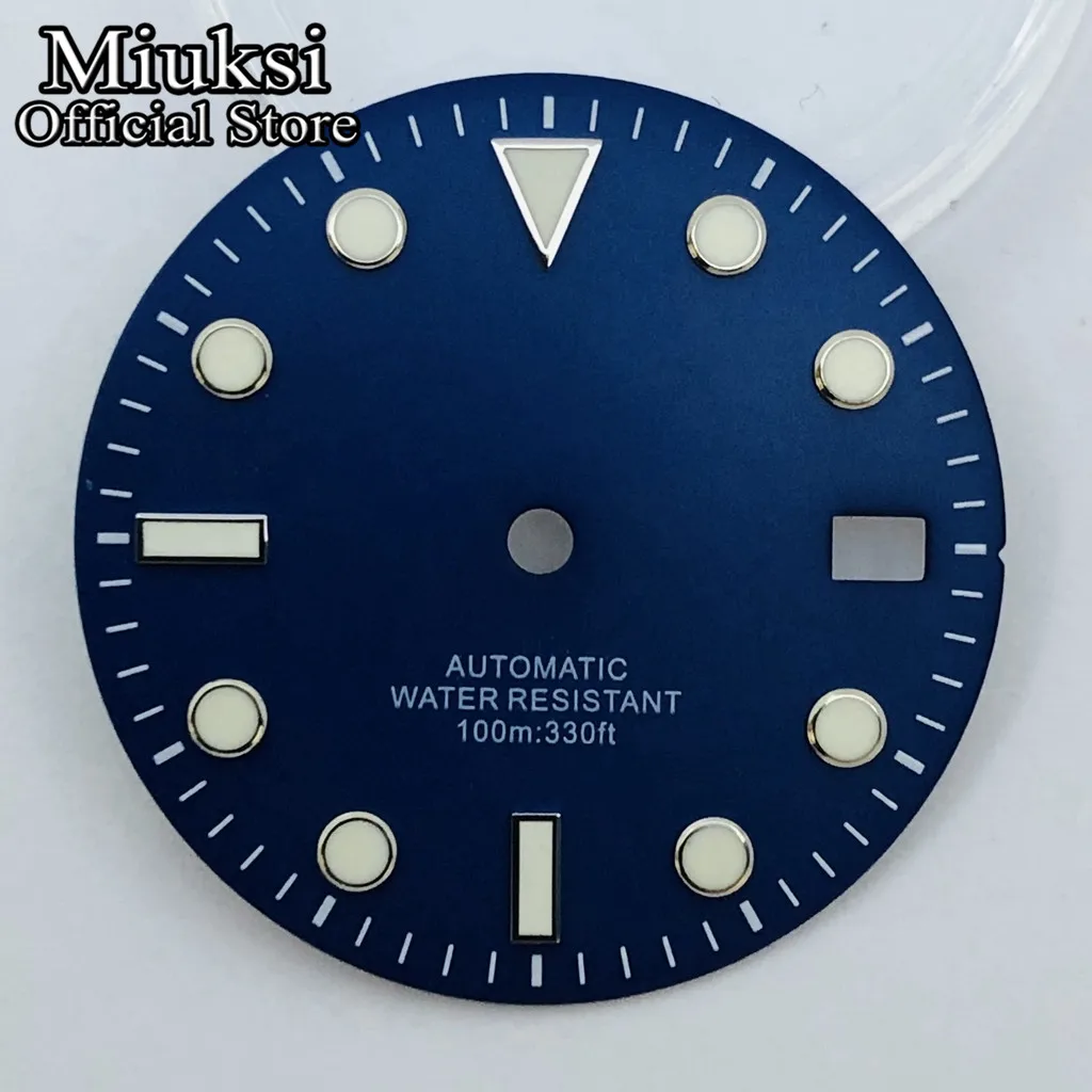 Miuksi 29mm black green blue watch dial green luminous fit NH35 movement