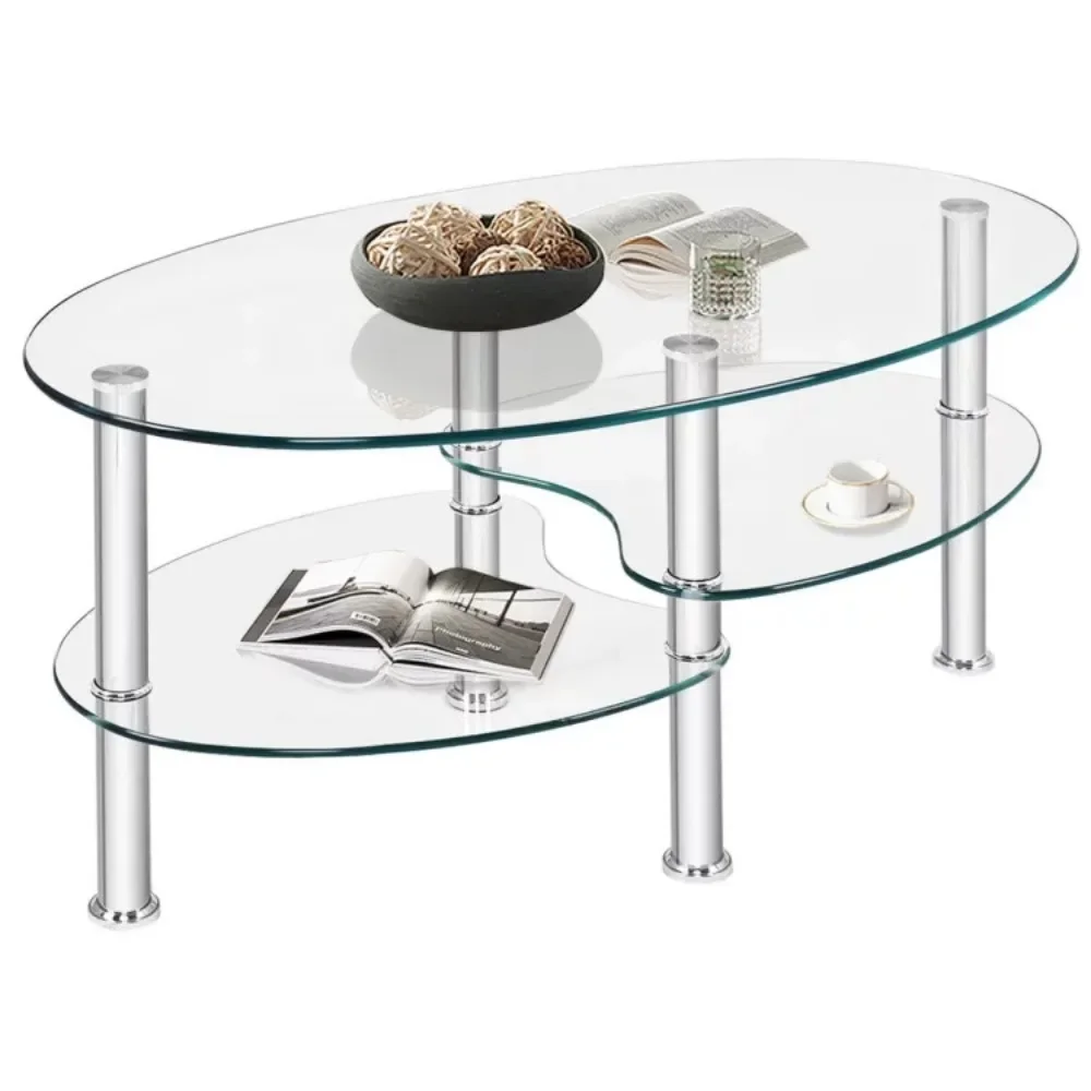 

Oval Glass Coffee Table with Storage Side Shelf and Metal Legs for Living Room Clear，Sofa table