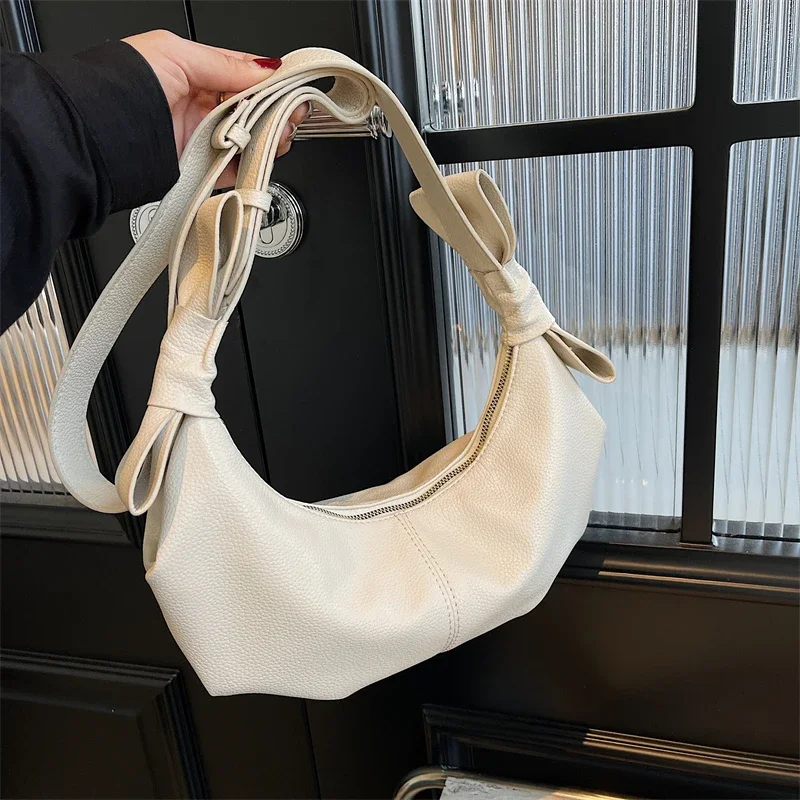 Half Moon Style Solid PU Bow Young Crossbody Bags 2024 High Quality Fashion Designer Simple Versatile Shoulder Bags for Women