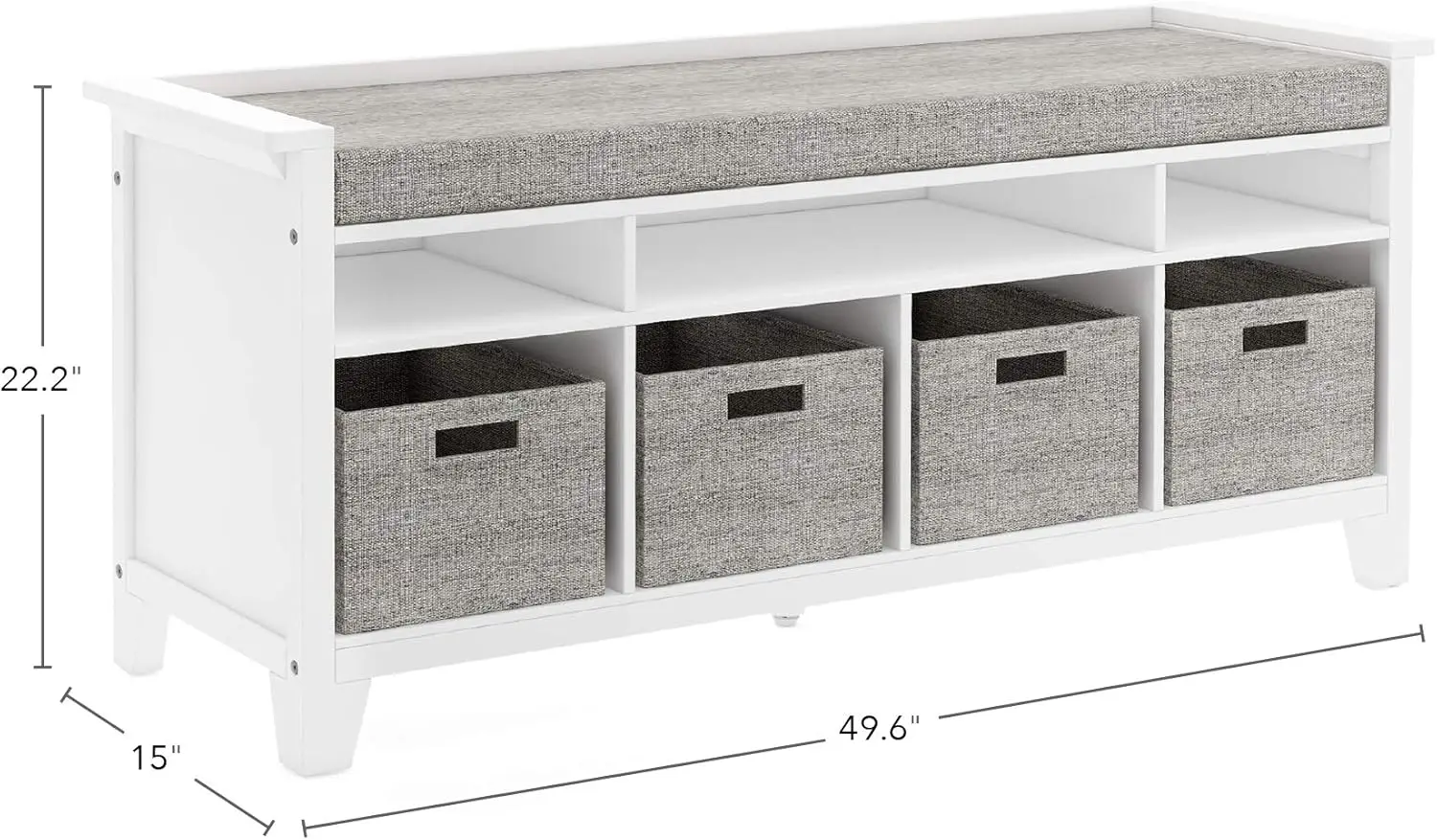 Kids' Storage Bench in Creamy White: Wooden Toy and Book Organizer with Shelves, Cushion, and Fabric Bins for Playroom