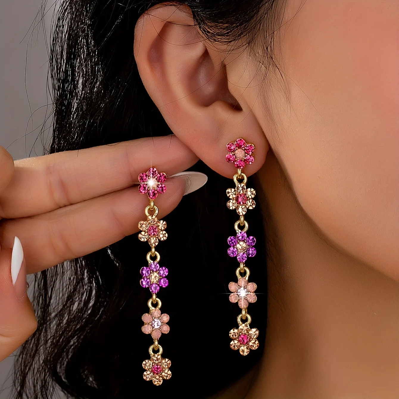 

AETEEY Trendy Retro Long Drop Earrings Colorful Rhinestone Flower Dangle Earrings Sweet Fashion Jewelry