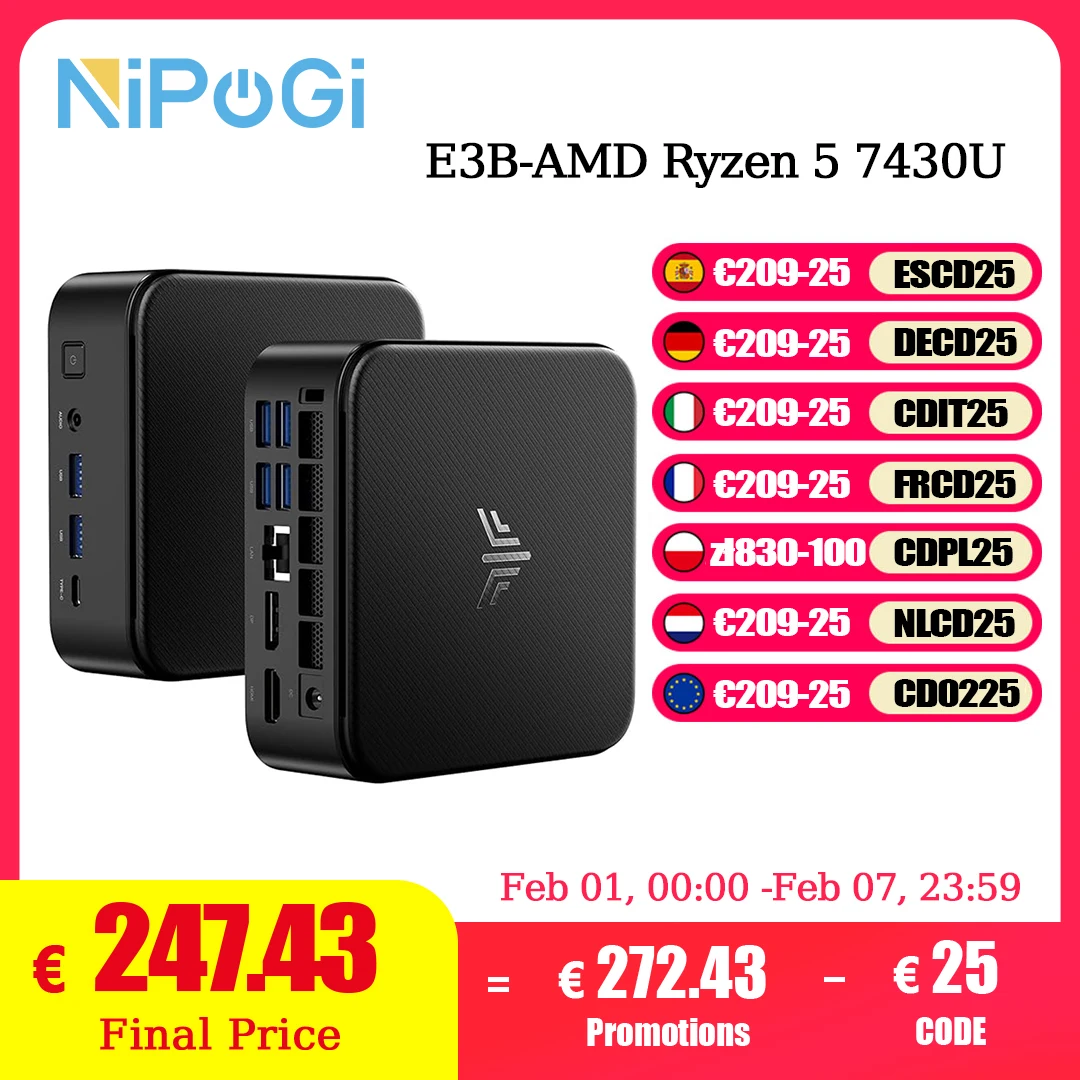 NIPOGI Mini PC met AMD Ryzen 5 7430U, 16GB DDR4, 512GB M.2 SSD, Mini Gaming PC met USB Type-C, ondersteunt driedubbele 4K-schermen
