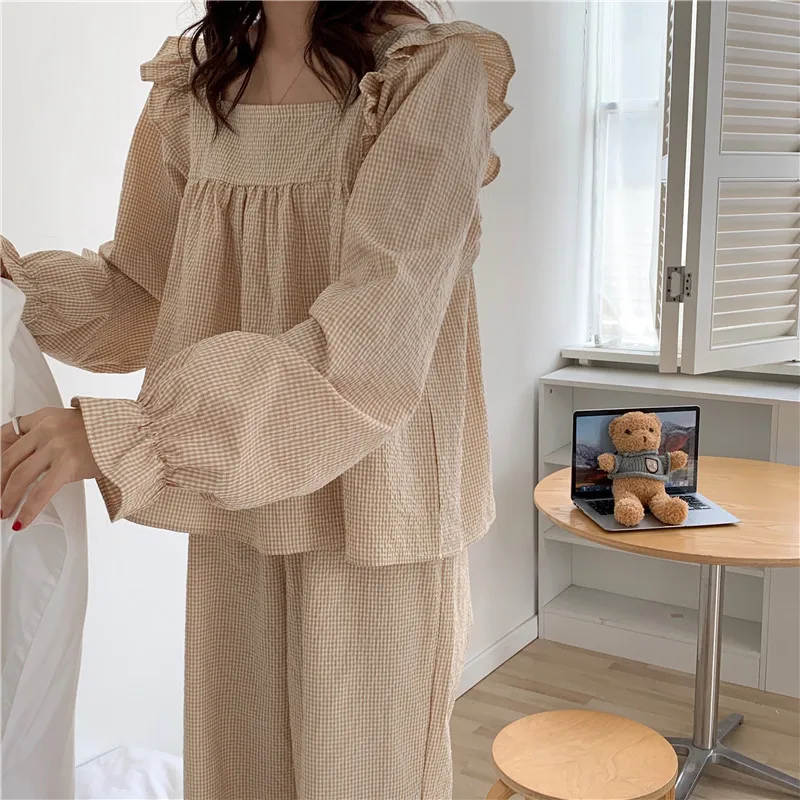 Korean Pink Plaid Autumn Pajamas Set Women Square Collar Ruffles Shirts + Trousers Cotton Sleepwear Ins Loose Vintage Sleepwear