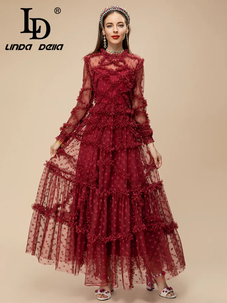 LD LINDA DELLA 2023 Summer Fashion Designer Party Dress Women's Wine red Dot Plaid Cascading Ruffle Splice Irregularity Dress