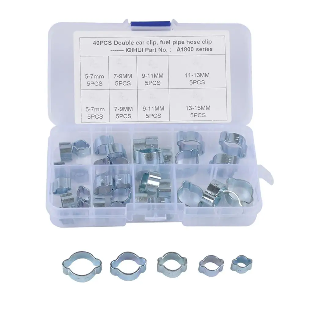 40PCS Double Ear Hose Clamps , Ear Clamps, Adjustable Diameter Different Sizes Fit Diameter Range From 5mm To 15mm, 5Sizes