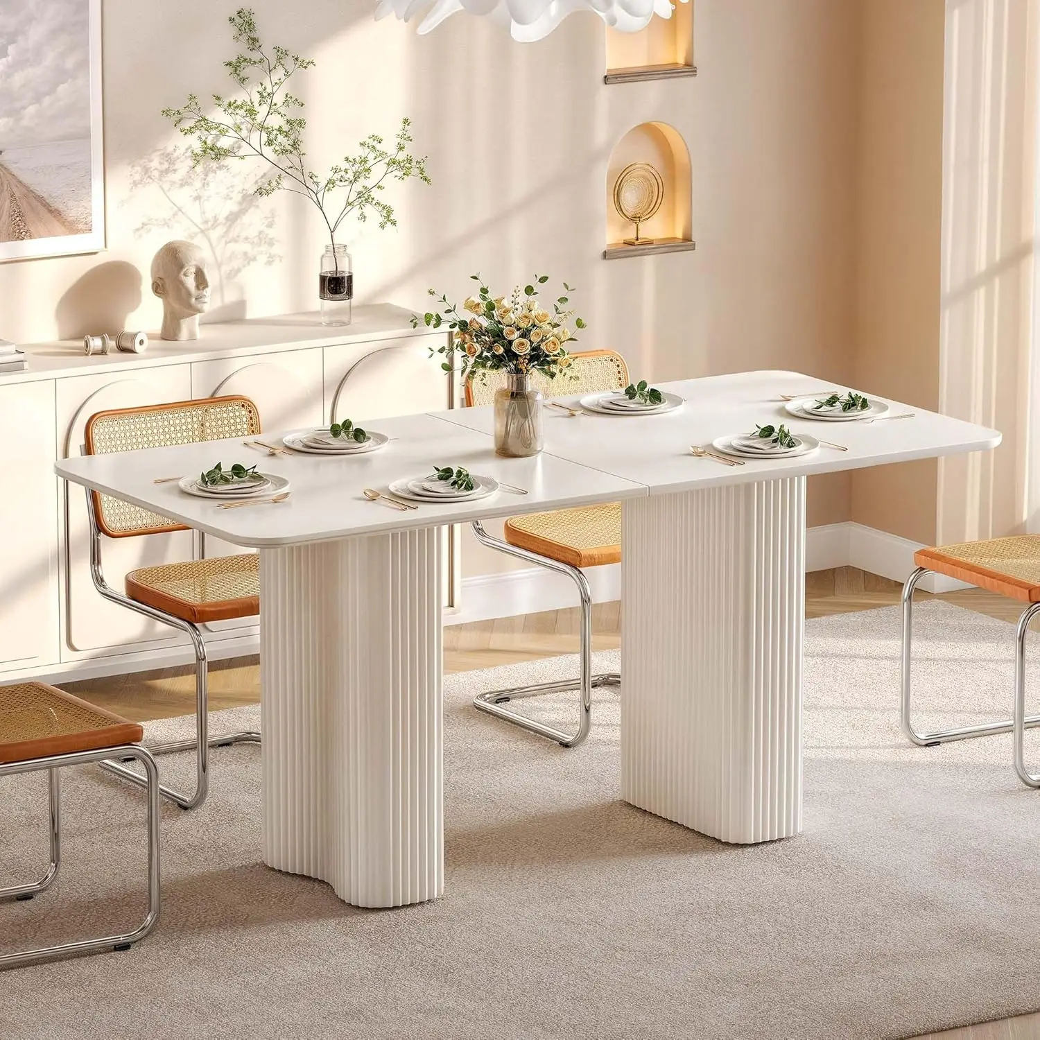 Mesa de comedor Rectangular moderna para 4-6 personas, mesa de cocina con patas curvadas de onda sólida, mesa de cena grande blanco crema, 63"