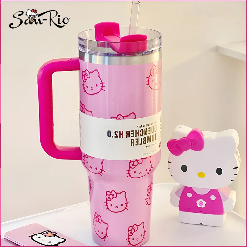 

40Oz Hello Kitty Stainless Steel Insulated Mug with Handle Straw Mugs Large Capacity Thermos Drinks Coke Coffee Mug Drinking Cup