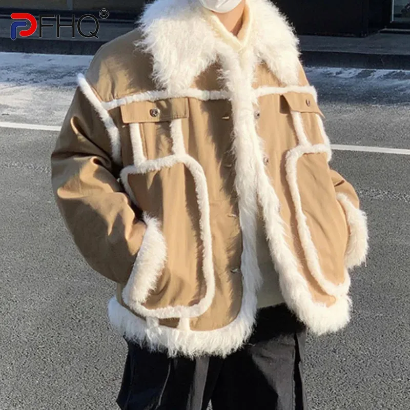 PFHQ Men's Cotton Coat Autumn Plush Contrast Color Thickened Winter Top Single Breasted Male Padded Jacket 2024 Chic 9C3607