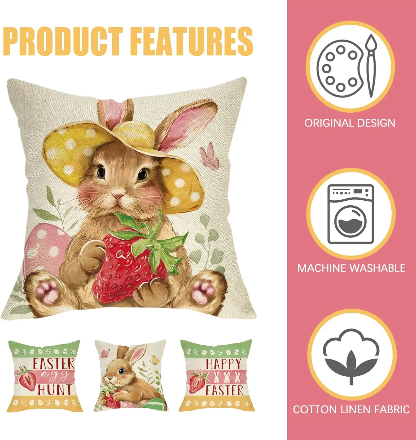 Happy Easter Bunny Decorative Throw Pillow Covers 18 x 18 Set of 4, Easter Egg Hunt Rabbit Porch Patio Outdoor Pillowcase