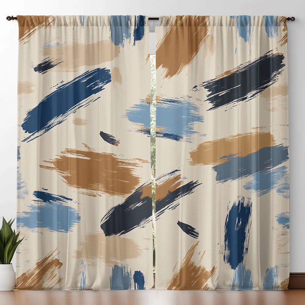 2 Peças Cortinas com Efeito de Pincelada Bege Azul Bege Marinho, com Bolso para Varão, Poliéster, Filtragem de Luz, Decoração Moderna para Sala de Estar, Quarto e Estúdio