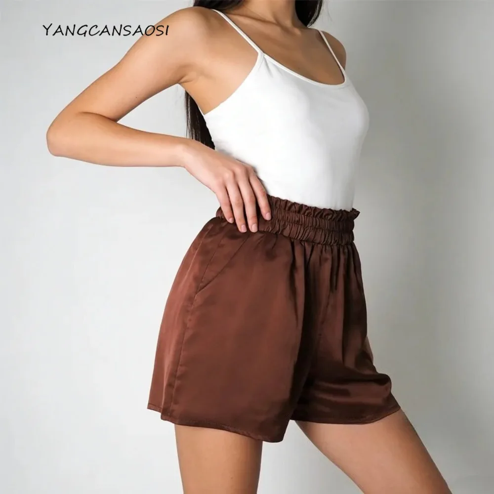 

100% Natural Mulberry Silk Satin Shorts, Women's Fashionable Crimson Elastic Flower Bud Waist Casual Shorts, 2026 Summer New