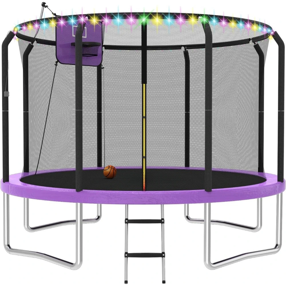 Trampoline 8FT 10FT 12FT 14FT Trampoline with Basketball Hoop and LED Lights Outdoor Trampoline for Kids