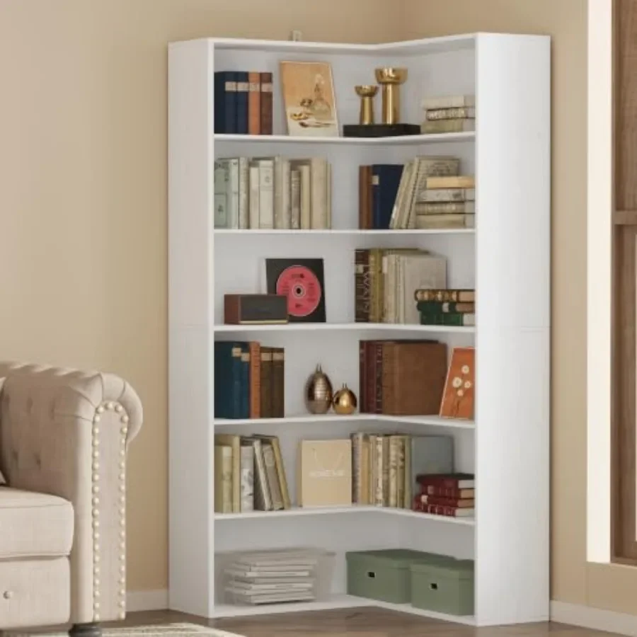 Corner bookshelf for living room, engineered wood in walnut brown, 6-tier design with baffles for enhanced stability and space-