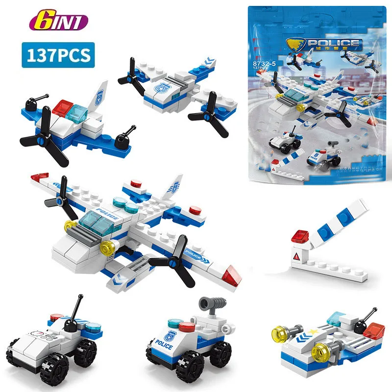 137Pcs 6 In 1 Mini Size City Police Helicopter  Model Building Blocks Figures Bricks Educational Toy for Children 6+